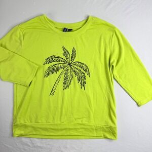 Casey Key Neon Lime Green Palm Tree Rhinestone Sweatshirt Womens PL 3/4 Sleeve